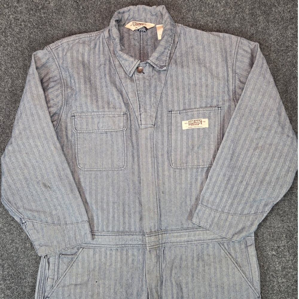 Big Mac Herringbone Workwear Coveralls Mens 46 31 Blue White Zip Front Utility